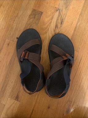 Chaco Men's Black Footbed Sandals with Brown Adjustable Straps